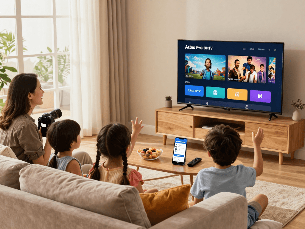 Famille profitant de l'application atlas pro ontv dans un salon confortable avec une télévision intelligente.