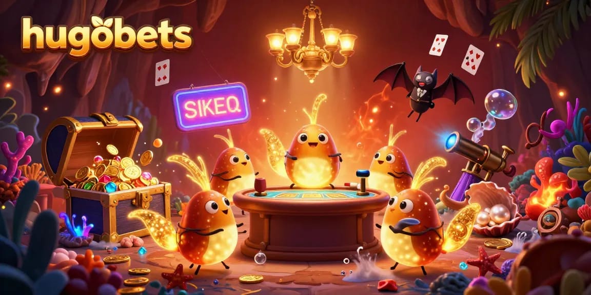 Experience thrill with hugobets in a vibrant cave casino, featuring glowing characters and dynamic gaming elements.