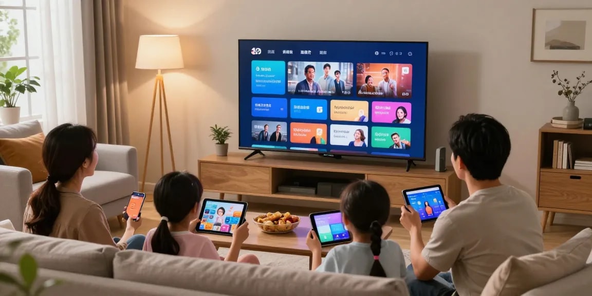 Famille regardant Atlas pro sur Smart TV dans un salon confortable.