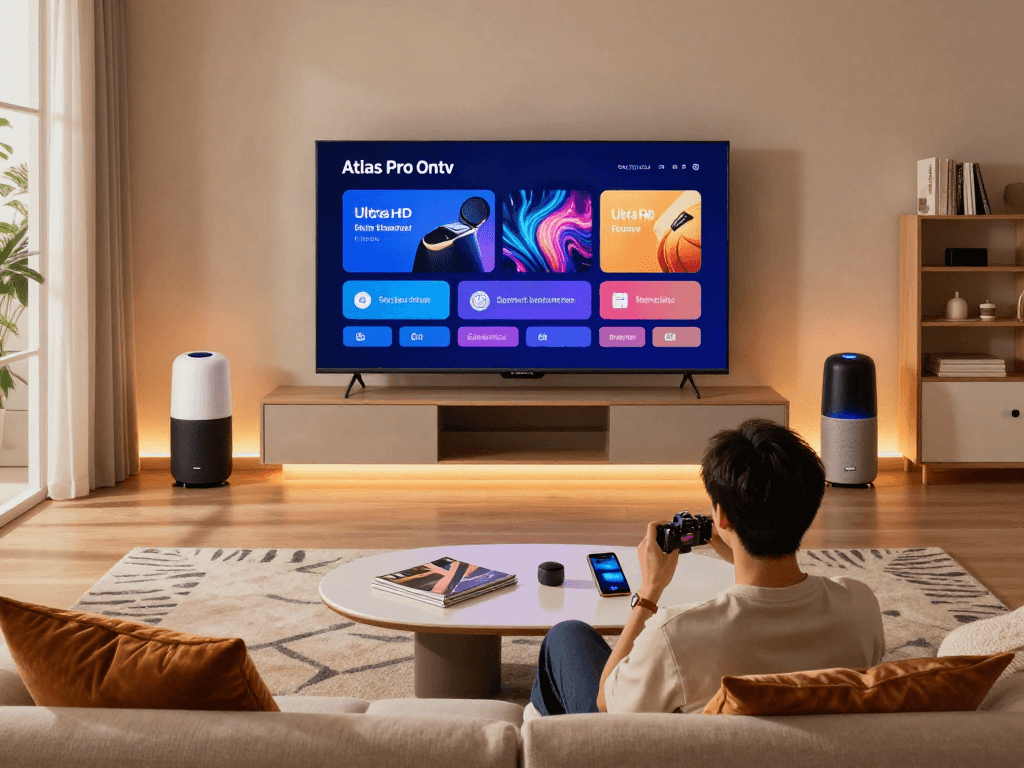 Installation moderne du téléviseur smart Atlas pro ontv dans un salon contemporain.