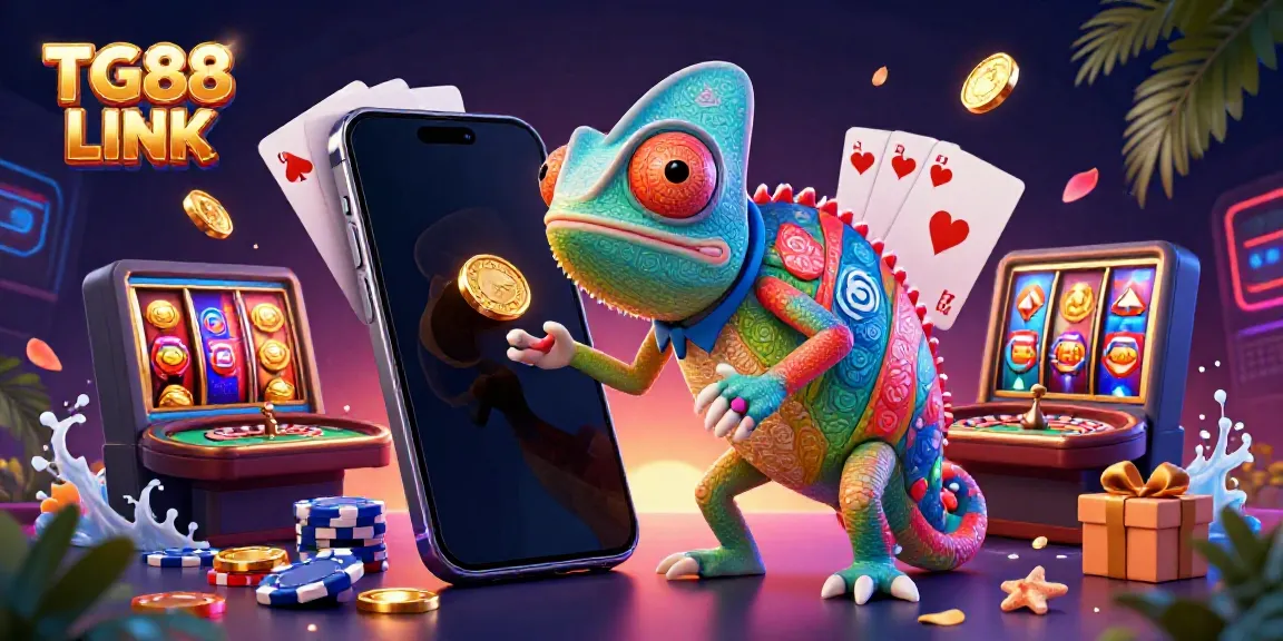 Engage with the vibrant 3D scene featuring TG88 LINK where a chameleon casino owner watches over dynamic casino elements.