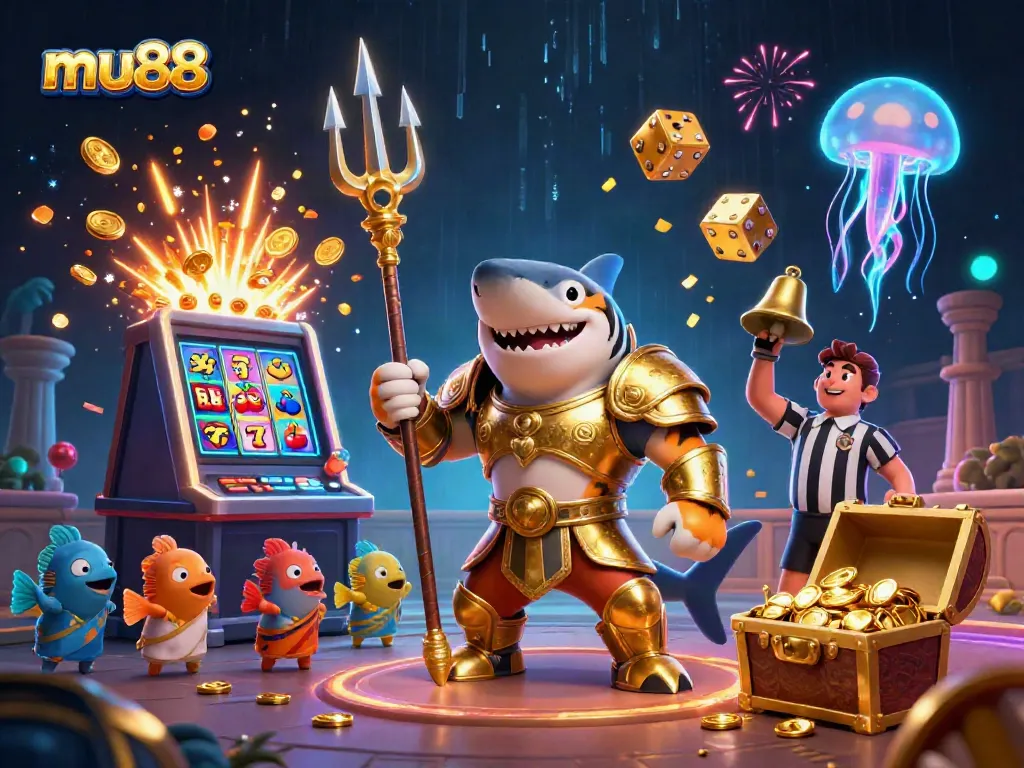 Experience thrilling wins with mu88 in a vibrant underwater casino scene bursting with excitement.