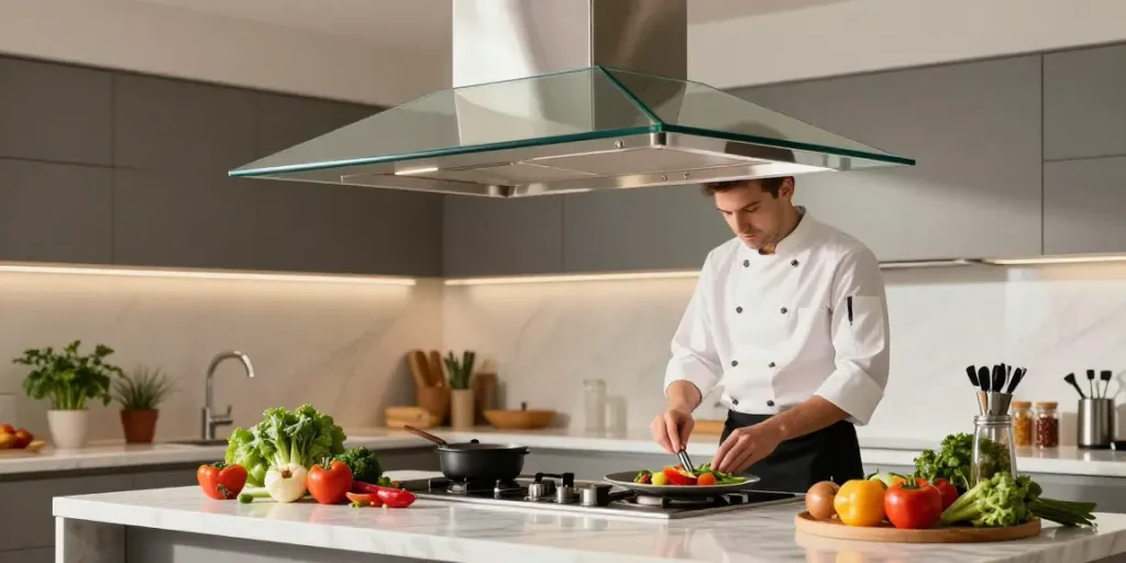 Hotte d îlot central moderne avec un chef cuisinant dans une cuisine contemporaine.