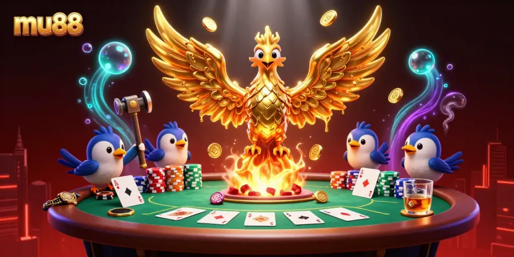 Join the excitement at mu88 with a golden phoenix rising, surrounded by poker elements and vibrant colors.