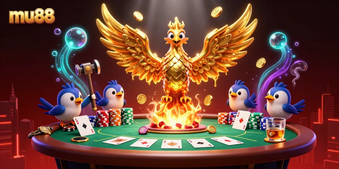 Join the excitement at mu88 with a golden phoenix rising, surrounded by poker elements and vibrant colors.
