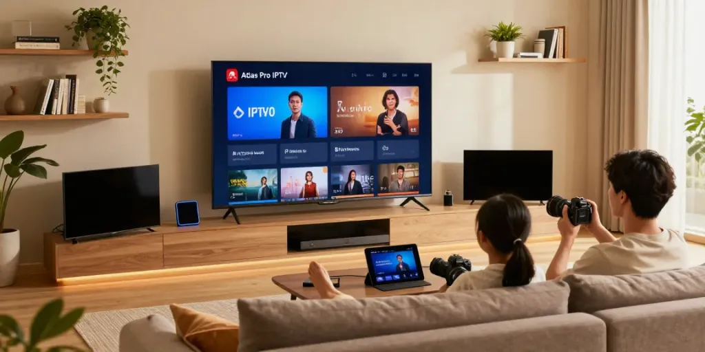 Vue de salon moderne avec famille profitant de l'application atlas pro iptv sur leur smart TV.