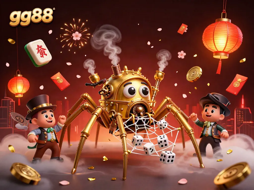 Engage in thrilling gameplay at gg88 with a steampunk spider catching dice in a vibrant casino scene.