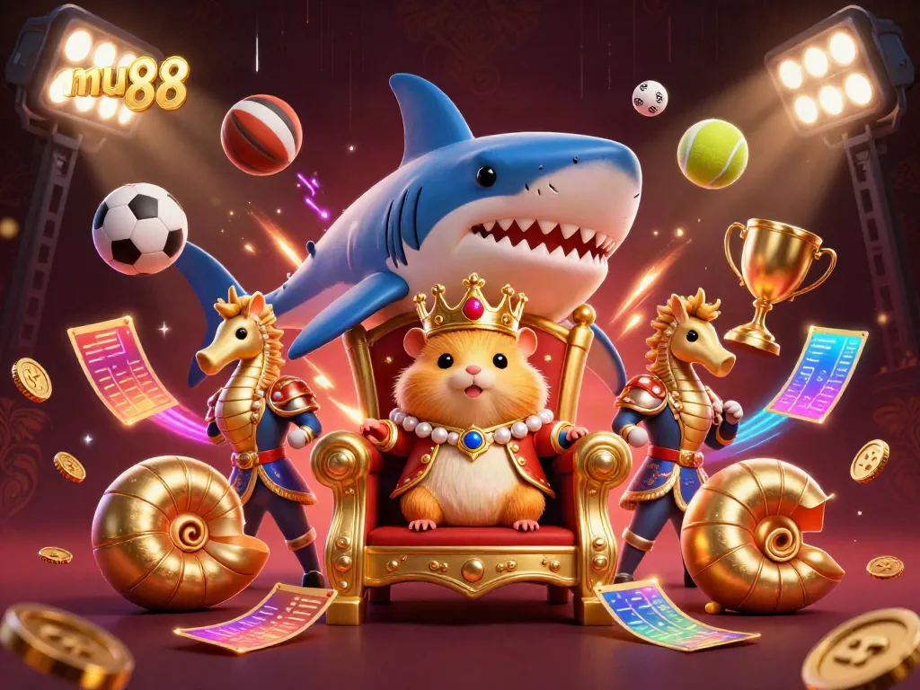 Experience thrilling gameplay with mu88's vibrant 3D casino scene, showcasing dynamic sports elements and a majestic throne.