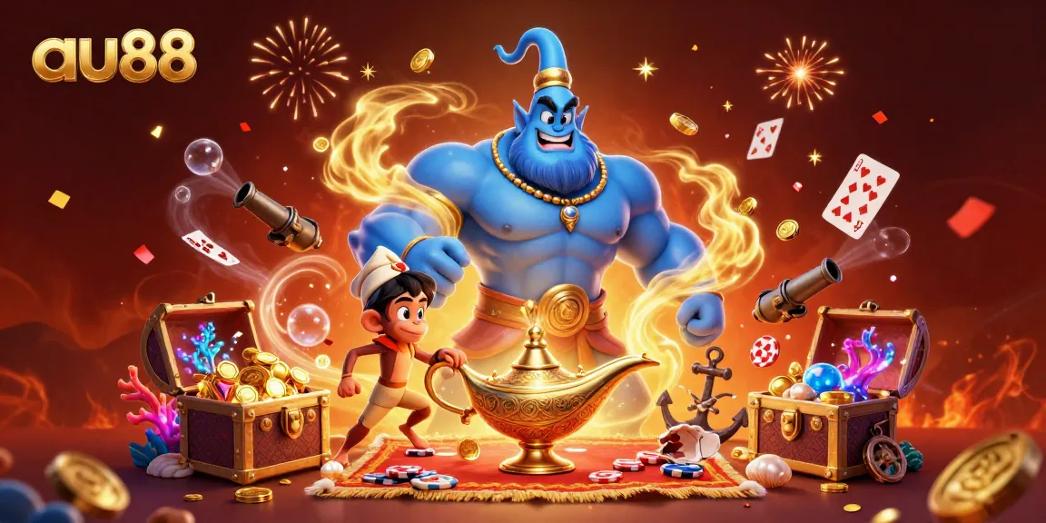 Experience thrilling winnings at au88 with a giant genie and magical carpet amidst vibrant treasures and casino elements.