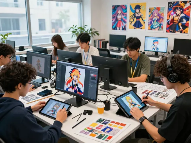 Creative digital artists designing futa ai characters in a bright studio