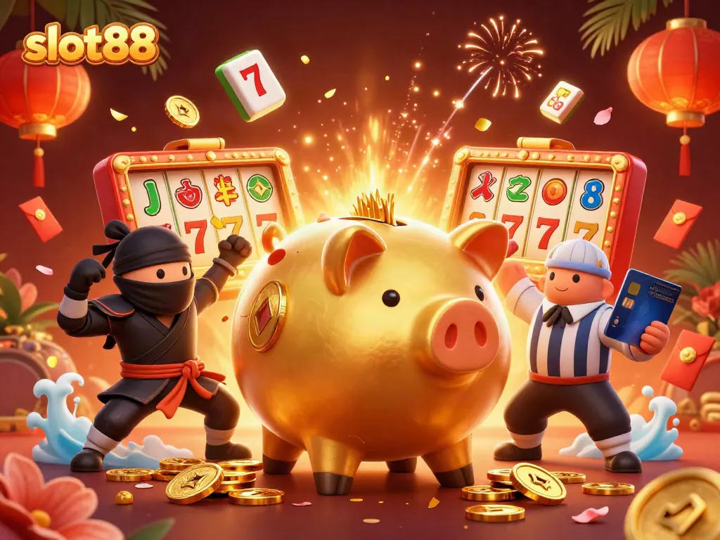 Experience thrilling wins with slot88 as a golden piggy bank sumo wrestler shakes coins from all directions.