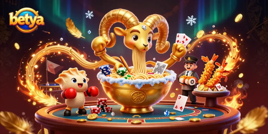 Betya's vibrant 3D casino scene featuring a giant ramen bowl dealer surrounded by exciting game elements.