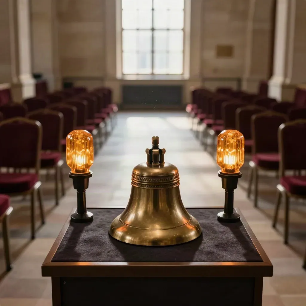 Salle d’enchères vide, cloche en laiton, pupitre feutré et lampes de signal allumées.