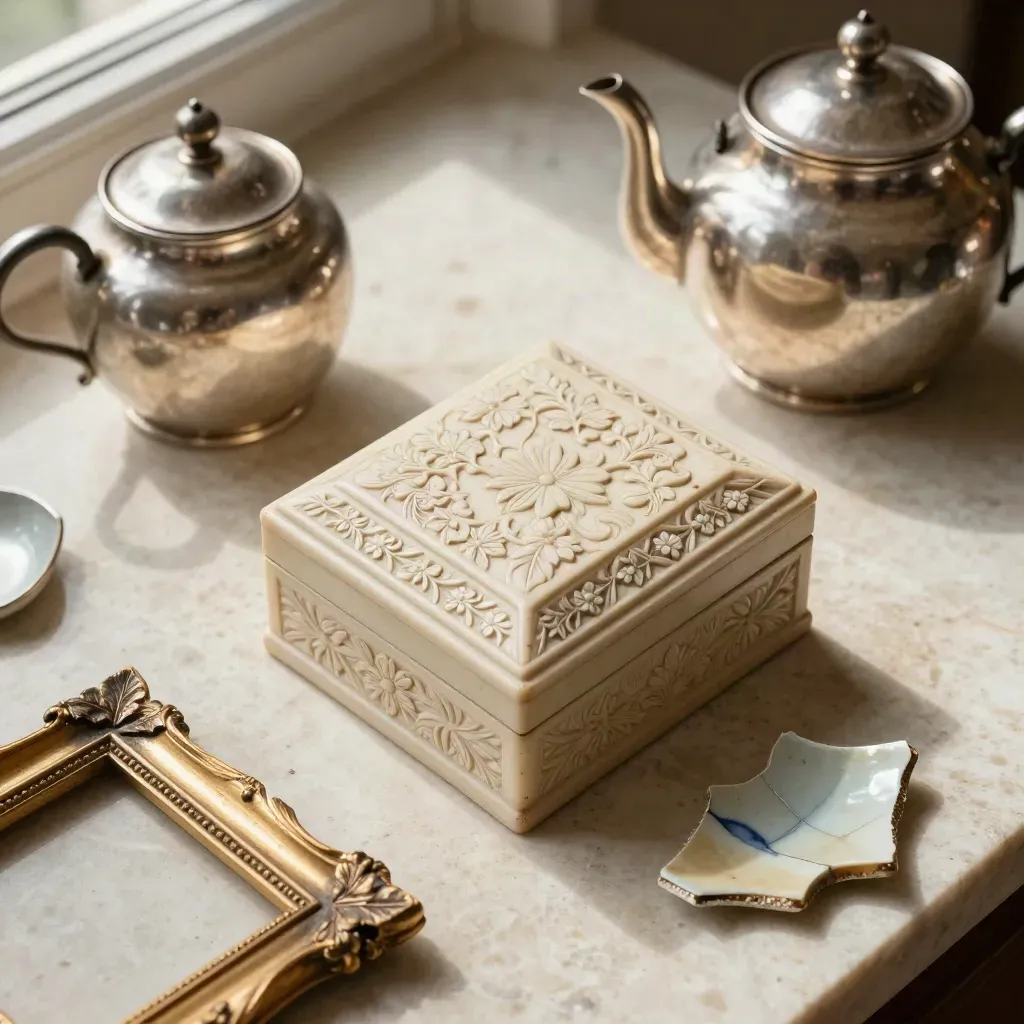 Vue en plongée d’objets à estimer: théière argentée, boîte ivoire sculptée et éclat de porcelaine.