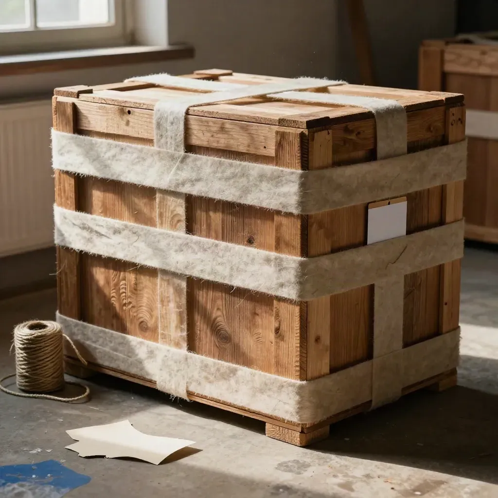 Caisse en bois emballée au dépôt, ficelle et feutre de protection sous lumière de fenêtre.