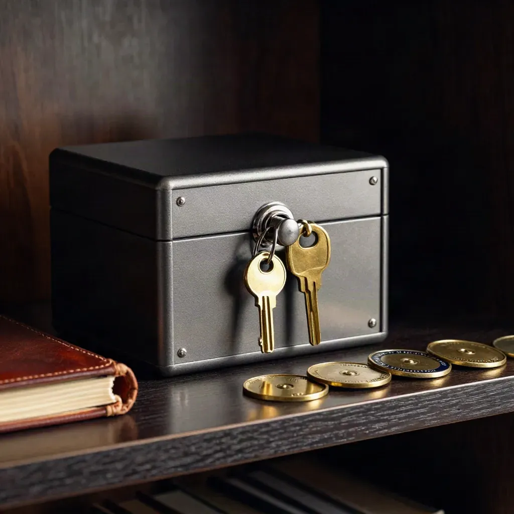 Coffret verrouillé, porte-clés en laiton, registre cuir et jetons membres sur étagère sombre.