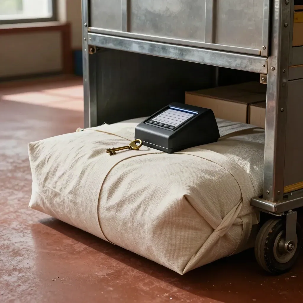 Colis rembourré, clé en laiton et terminal tourné dans un coin de retrait d’enchères.