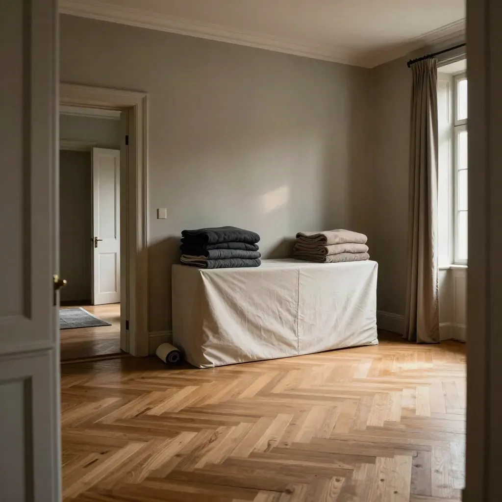 Salon de maison de ville vidé, parquet nu, sideboard couvert et lumière de fin d’après-midi.
