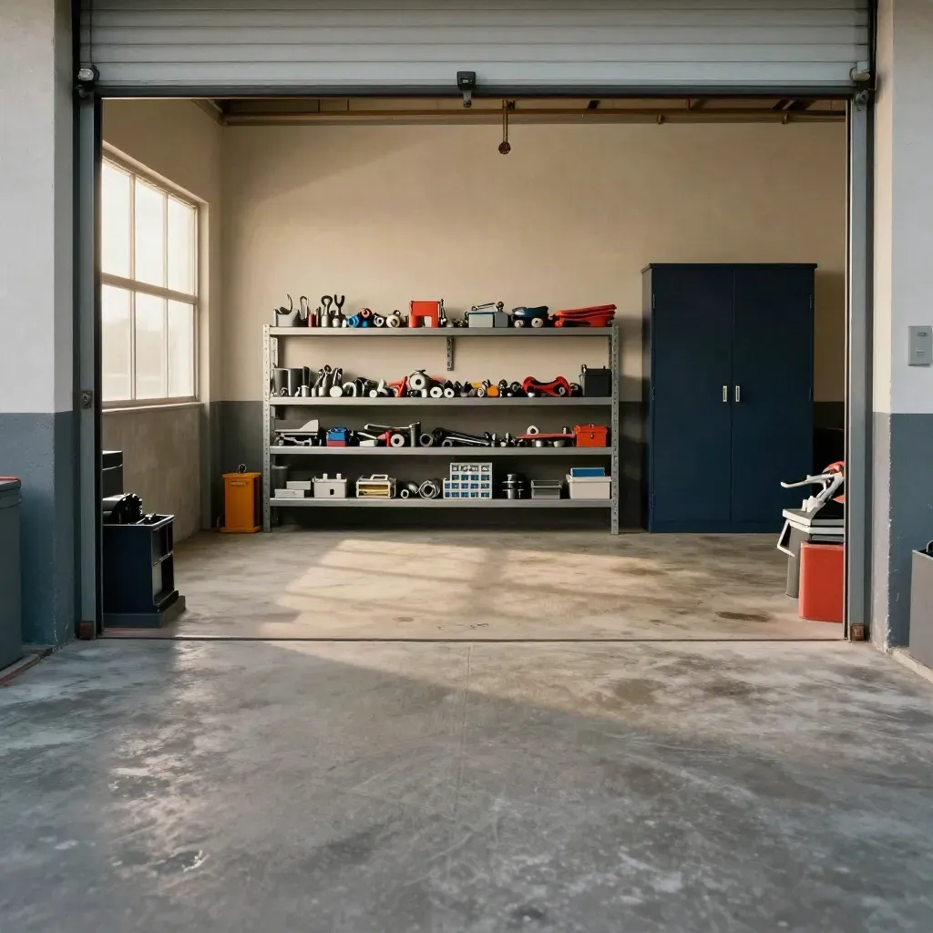 Garage professionnel vidé, pièces triées et porte roulante fermée sous une lumière chaude.