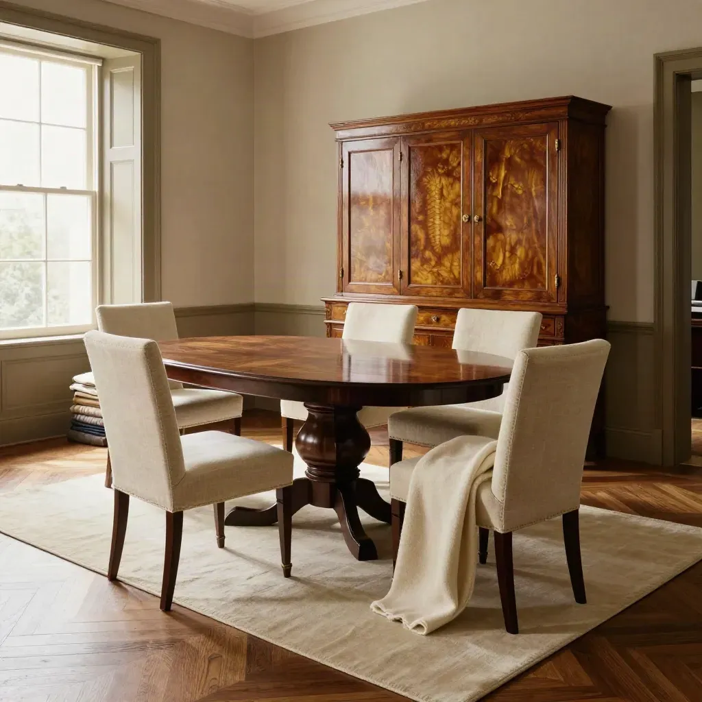 Salle à manger héritée avec chaises assorties, buffet restauré et jeté ivoire sur parquet.