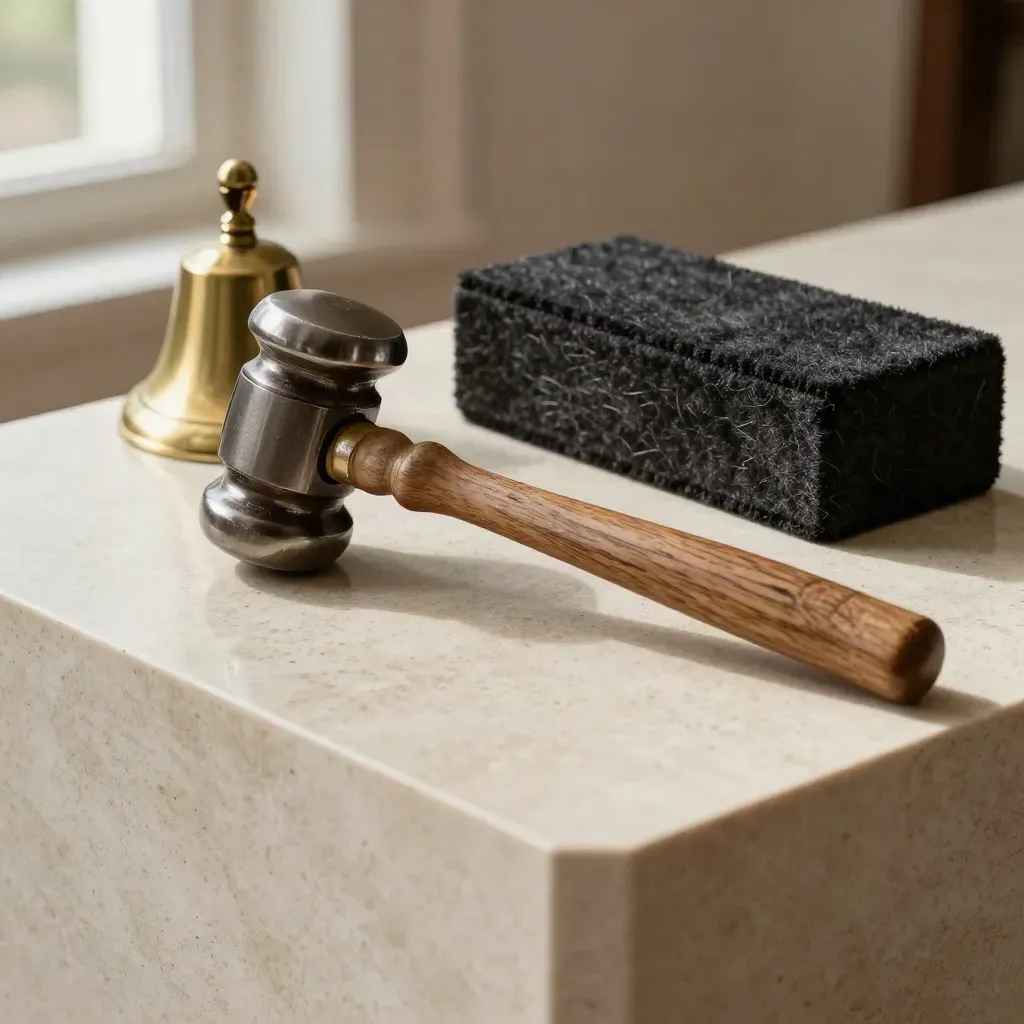Marteau de vente aux enchères, sonnette en laiton et bloc de feutre sur travertin