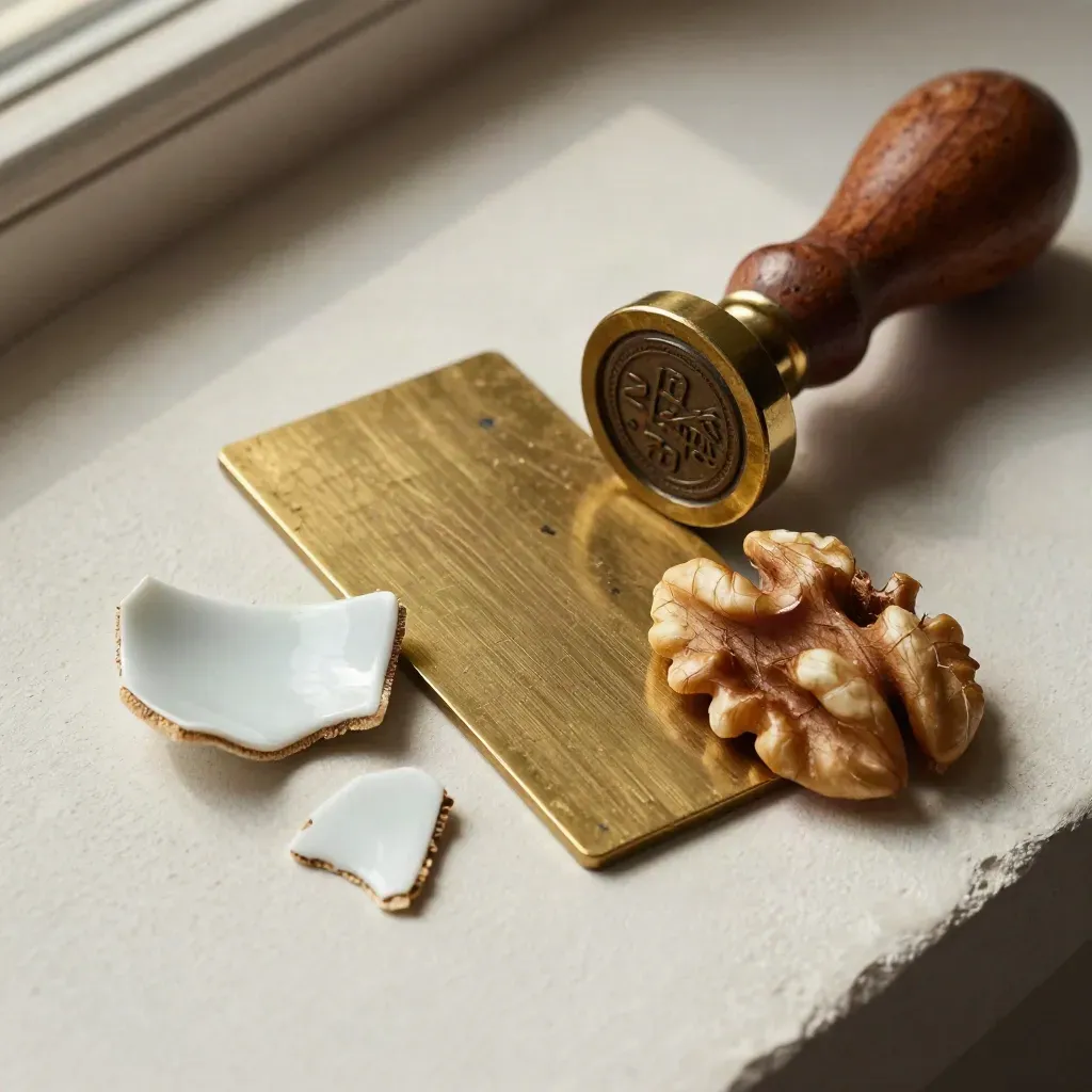 Échantillons miniatures en porcelaine, laiton et noyer près d’un sceau sur plâtre clair.