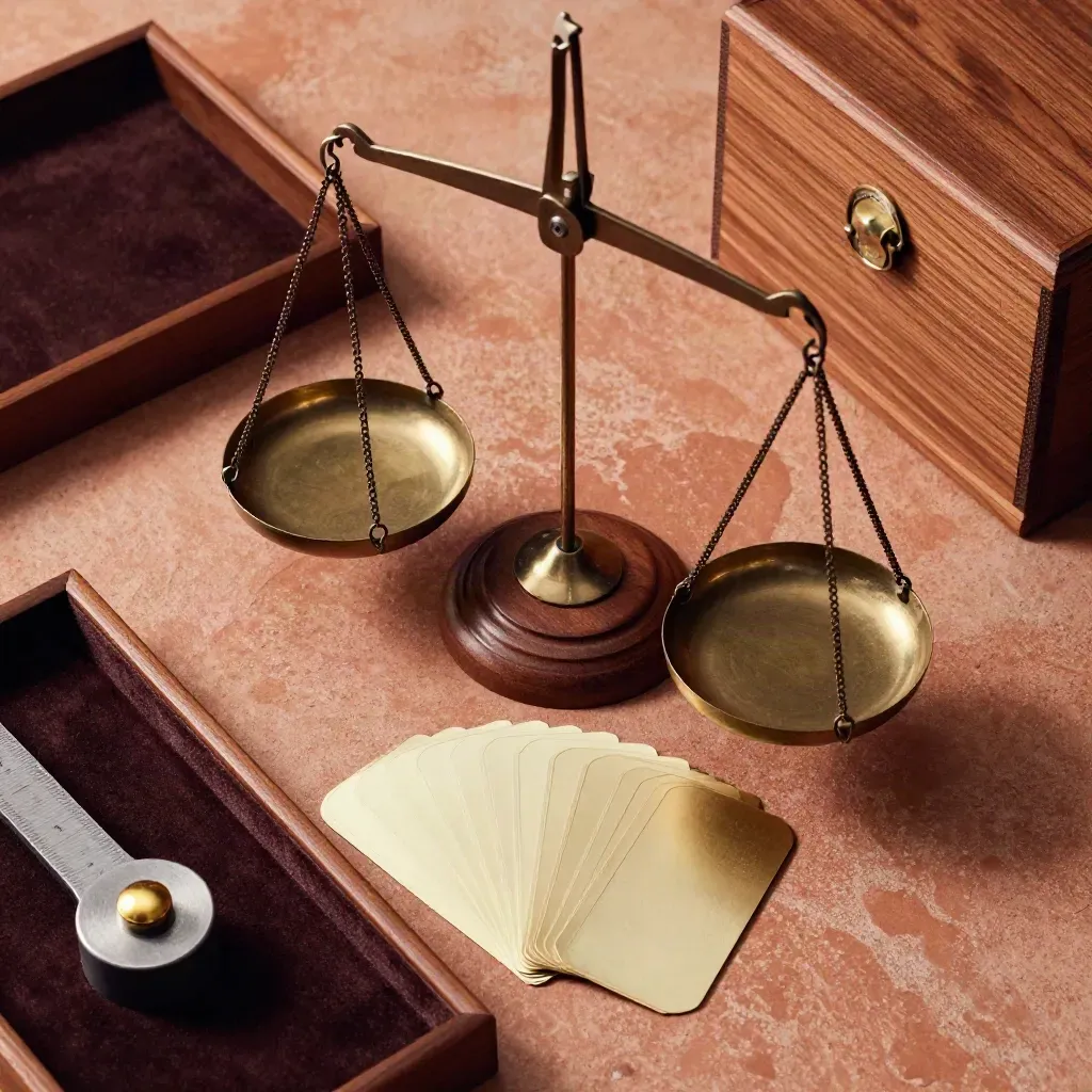 Balances et jetons en laiton près d’une caisse en cèdre sur une surface terracotta.