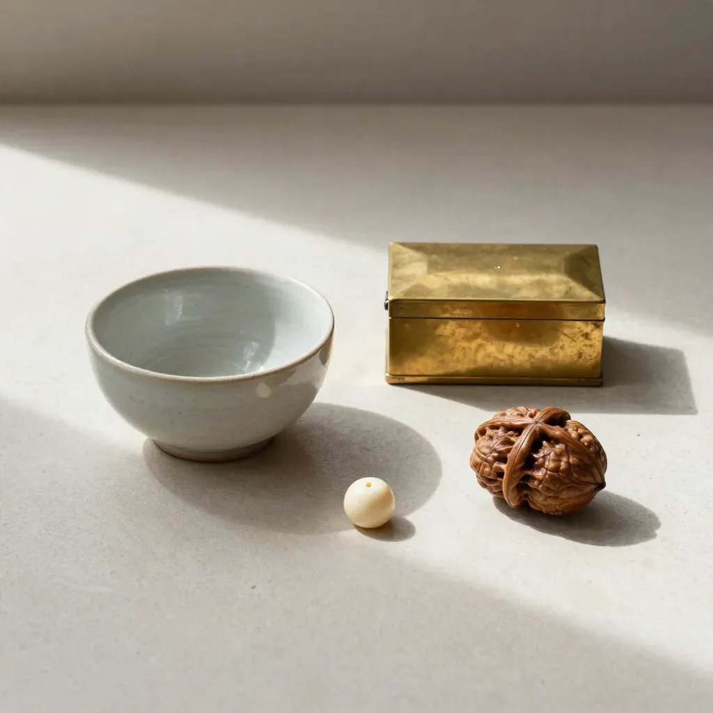Vue du dessus de trois lots sélectionnés sur pierre claire, avec céramique, coffret en laiton et noyer.
