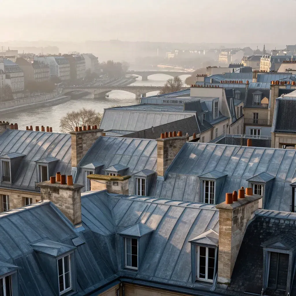 Vue aérienne de Paris sous la brume dorée, toits en zinc et Seine au lever du jour