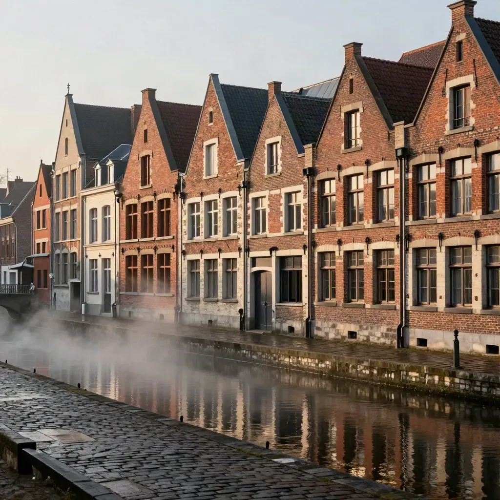 Vue large de Lille: briques, entrepôts de canal et pavés mouillés dans une brume dorée.