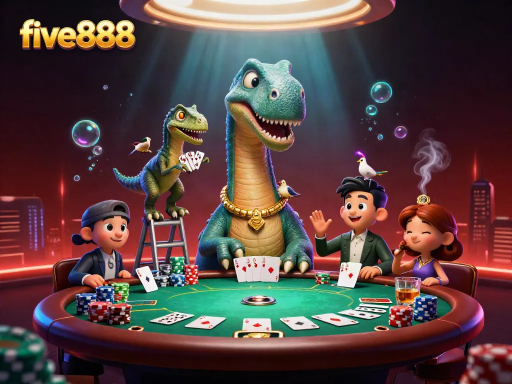 Witness the delightful five888 scene where a brontosaurus oversees a lively poker game, embodying fun and adventure in gambling.