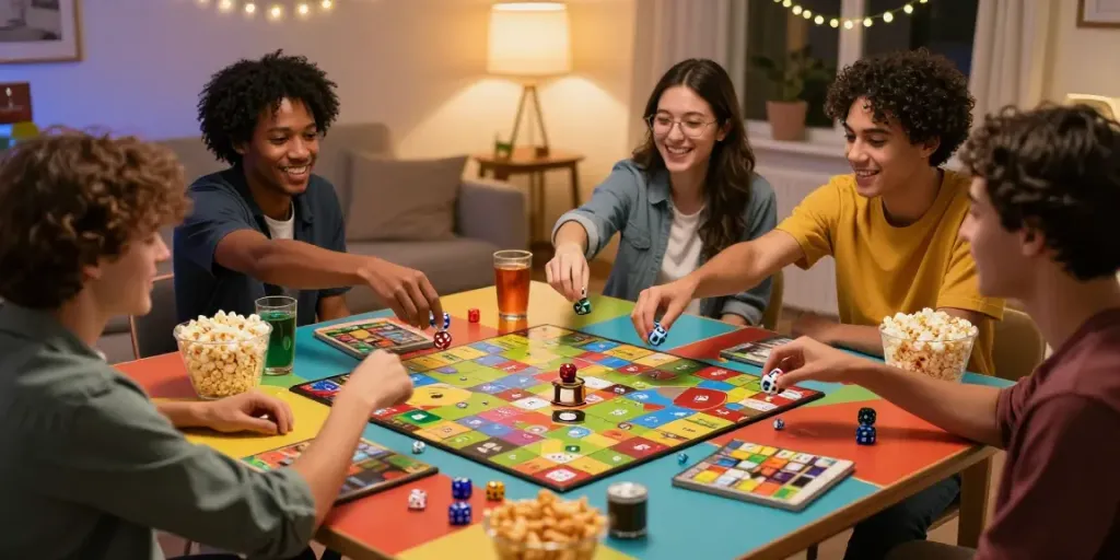Amis jouant à des jeux de dés, ambiance conviviale et festive.
