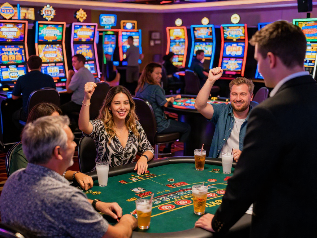 Ambiance captivante d'un Casino Gratuit avec joueurs heureux aux machines à sous et tables de jeux.