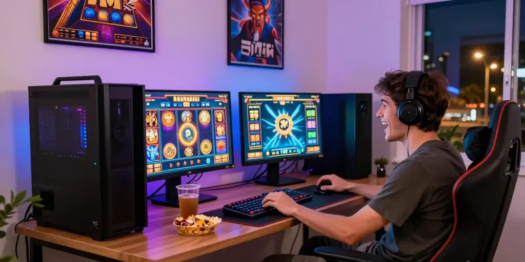 Pemain slot88 antusias di ruang bermain modern dengan perangkat gaming canggih dan suasana energik.