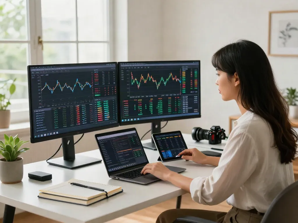 Essor Invexaro : femme trader utilisant une plateforme de trading IA dans un bureau moderne.