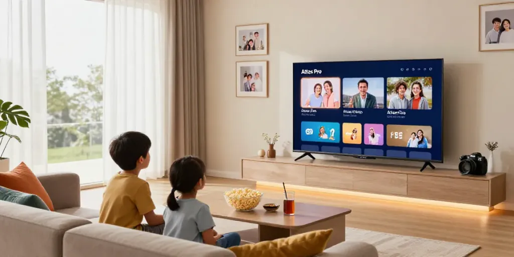 Famille profitant de l'application Atlas Pro dans un salon moderne.